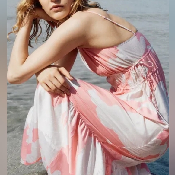 H&M Drawstrings Maxi Dress Floral Light Pink XXL, XL BNWT - Picture 3 of 15